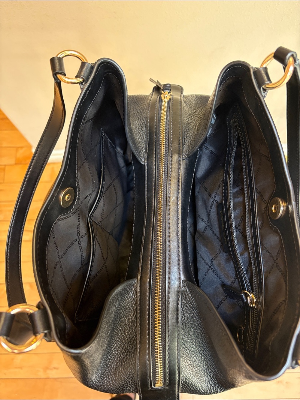 Michael Kors Black Pebbled Leather Shoulder Tote with Gold Hardware - Picture 3 of 6